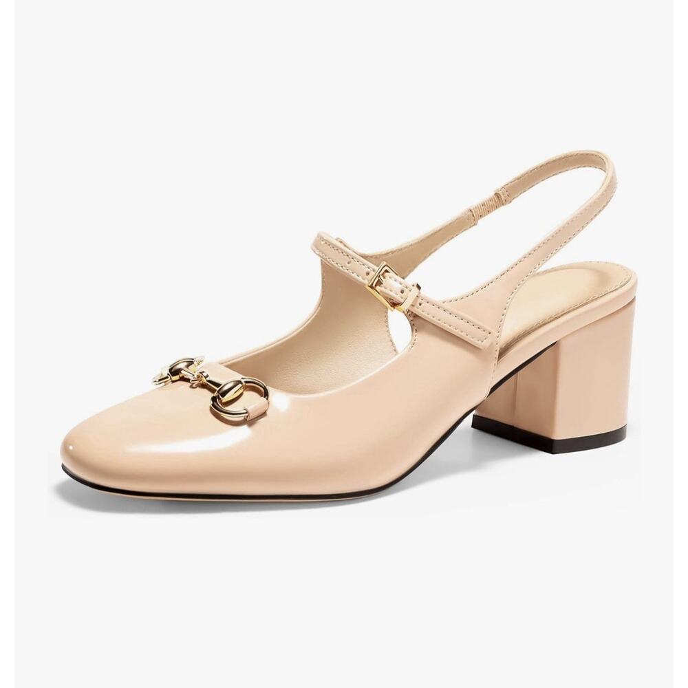 PiePieBuy Slingback Shoes Womens Size 8 Beige Patent Block Mary‎ Jane Square Toe